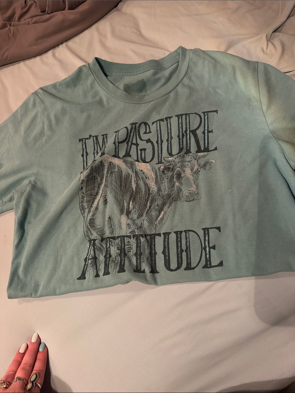 Crop Tee with 'I'm Pasture Attitude' Graphic - pastel blue